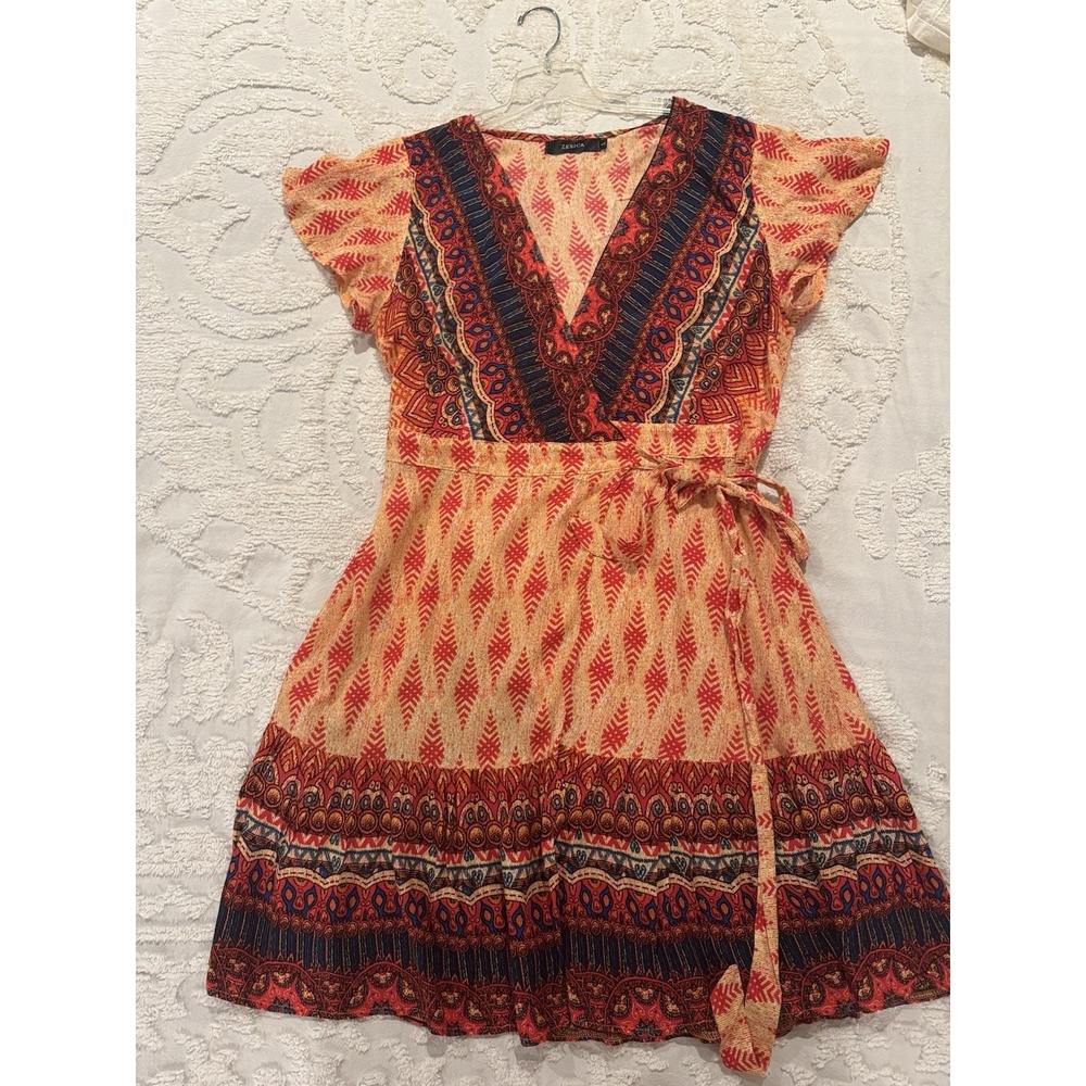 Zesica Womens Orange Multicolor Wrap Midi Dress Boho Geometric V-Neck Size L